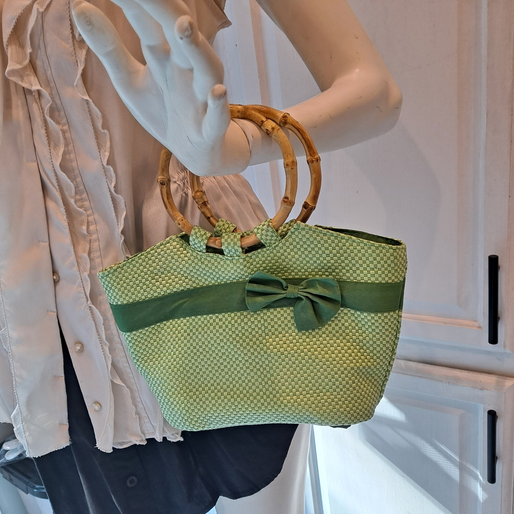 Elegant Green And White Woven Tote with Bamboo Circle Handles and Bow Detail